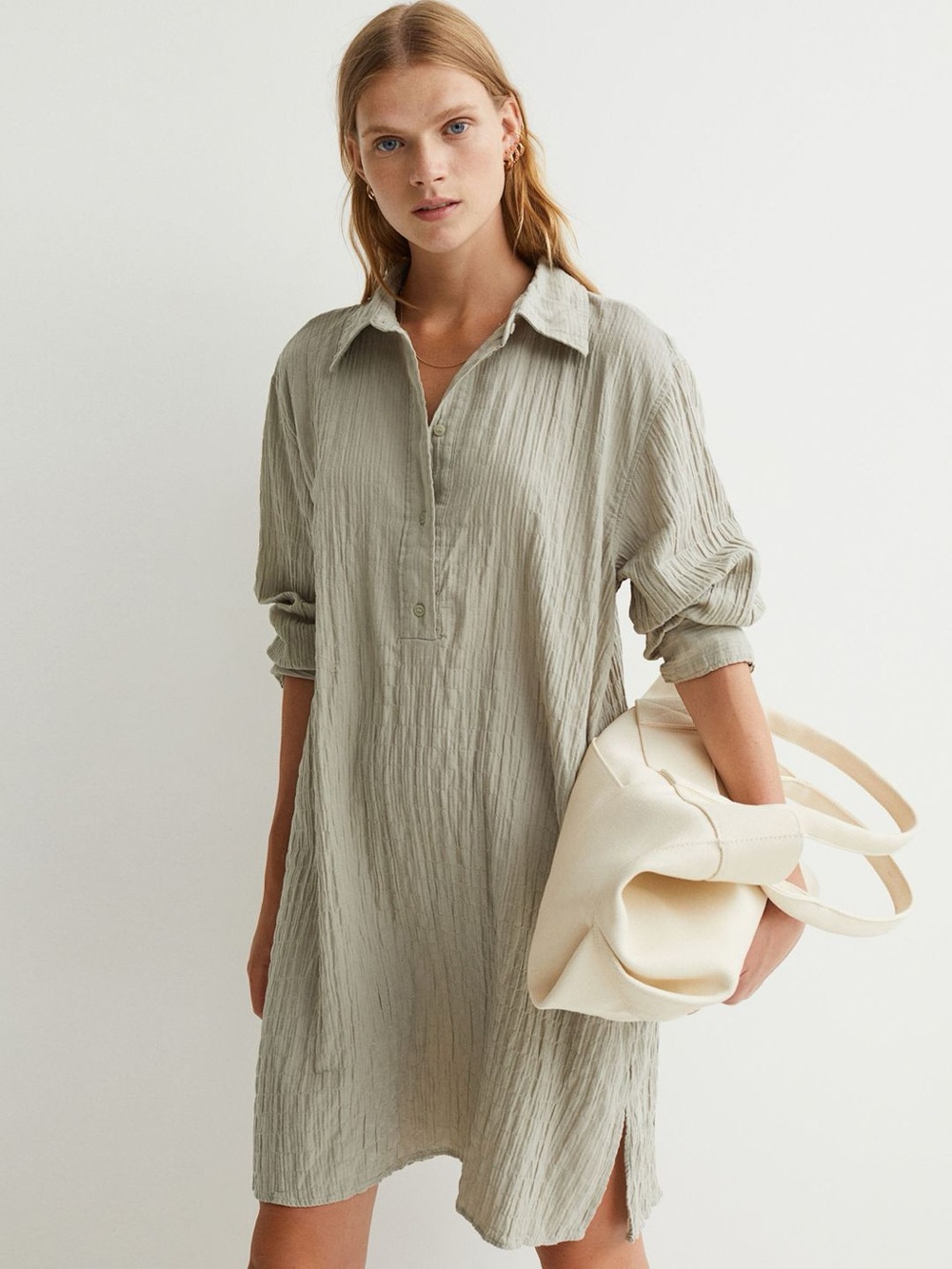 H&M Crinkle Cotton Shirt Dress XL 27” p2p Sage EUC